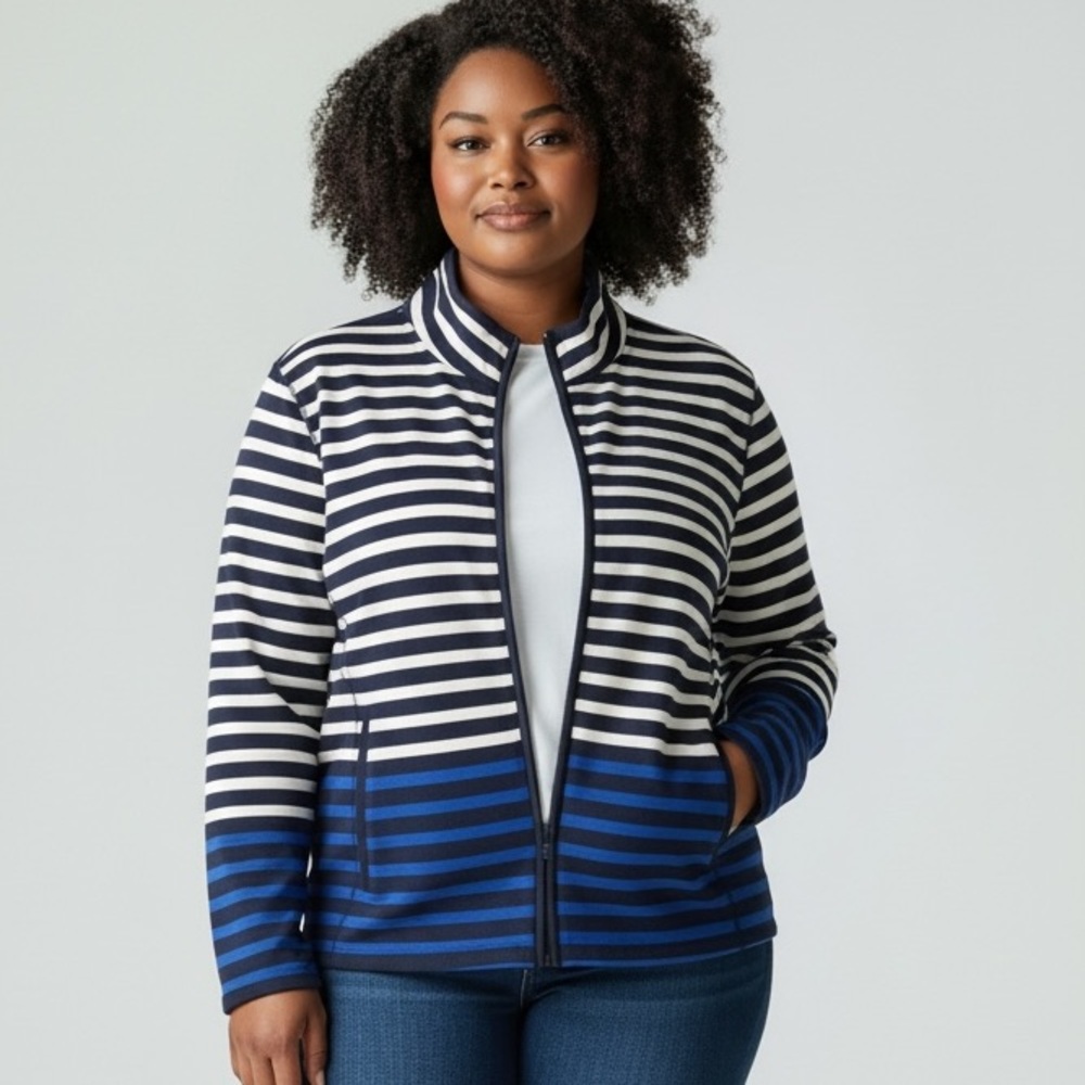 Talbots navy and white  Nautical Knit Full Zip lightweight jacket size Large